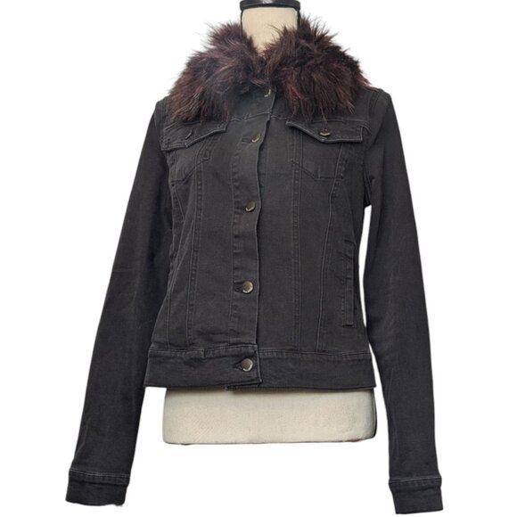Max Jeans Black Denim Jacket with Removable Fur Collar - Picture 2 of 12